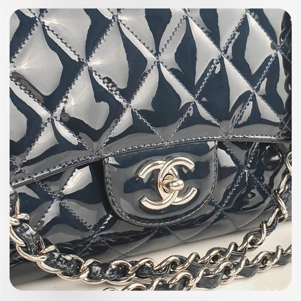Chanel Navy Quilted Patent Leather Jumbo Maxi Bag - Picture 9 of 13